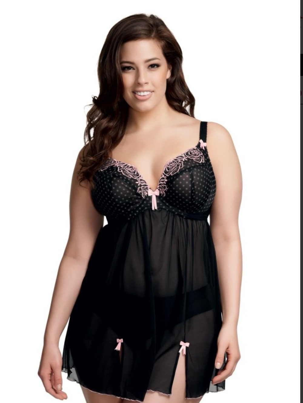 Elomi Betty Black Sheer Babydoll Chemise with Pink Embroidered Trim